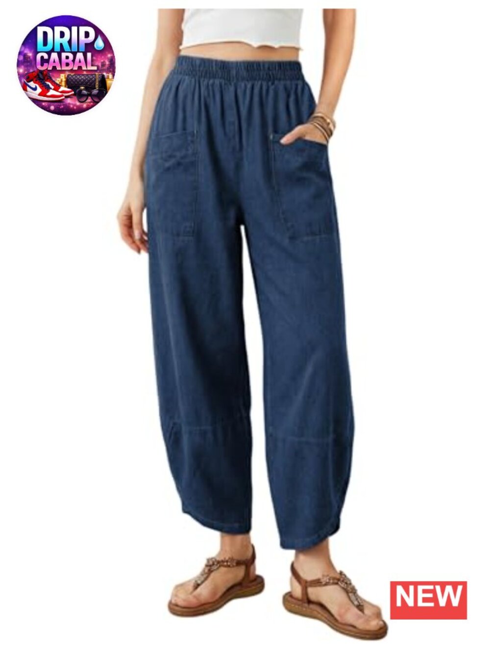 Baggy Wide Leg Denim Jeans Elastic Waist Pull On Barrel Pants Pockets